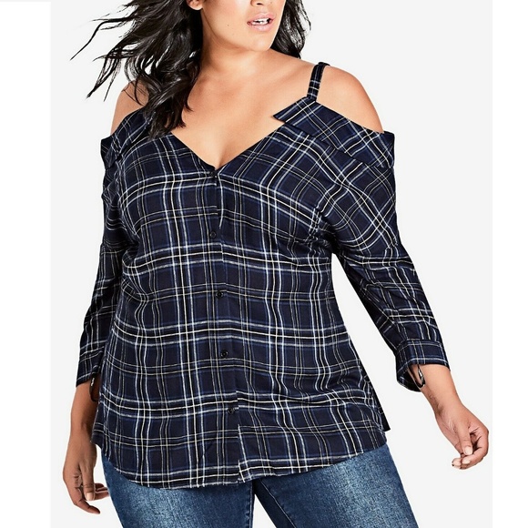 City Chic Tops - City Chic XL/22 Navy Blue Check Plaid Top 11AD49